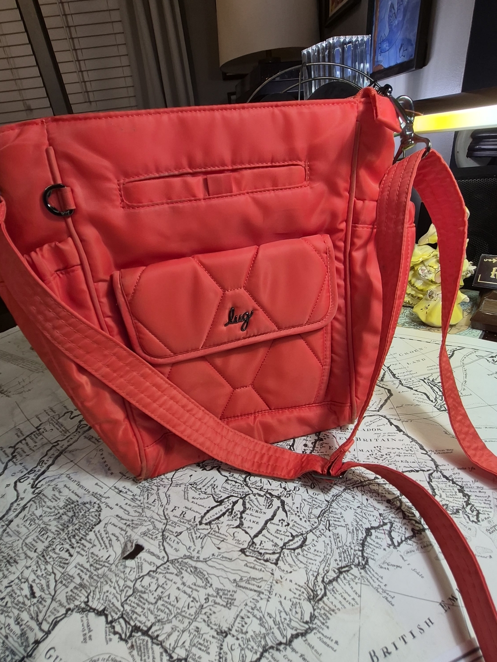 lug Quilted Orange Shoulder Tote with Front Patch Pocket and Adjustable Strap